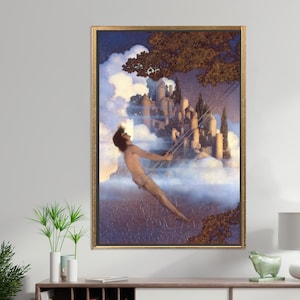 May include: A framed art print depicts a nude figure swinging towards a castle in the clouds. The artwork features a gold frame, a blue sky, and a detailed castle. The style is reminiscent of classical art.