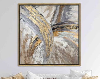 May include: Abstract painting featuring gold, grey, and brown brushstrokes. The artwork has a modern and contemporary style.