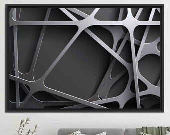 May include: Abstract art print featuring a black and silver geometric design with overlapping lines and shapes.