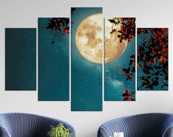 May include: A five-piece canvas print set featuring a large, full moon in a night sky with stars and a few red leaves in the foreground.