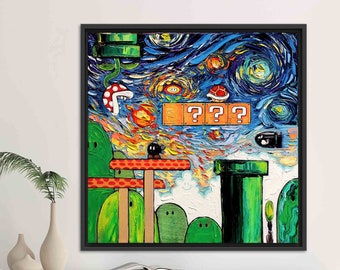 May include: A painting of a video game level inspired by Vincent van Gogh's Starry Night. The level features green pipes, question blocks, and a Goomba.