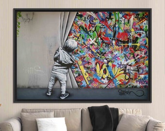 Canvas Home Decor, Personalized Gift, Banksy Boy Graffiti, Behind the Curtain, Large Wall Art, Black Framed Canvas, Gift for the Home,