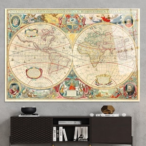 Vintage World Map Tempered Glass, Old Map Glass Art Wall Decor, Map Poster, Antique World Map Art Glass, Large Canvas, Framed Canvas,