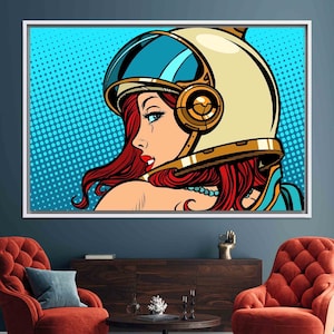 Modern Wall Art, Pop Art Glass Wall Art, Pop Art Astronaut Woman Canvas Print, Modern Wall Decoration, Blue Wall Art, Girl Room Wall Decor,