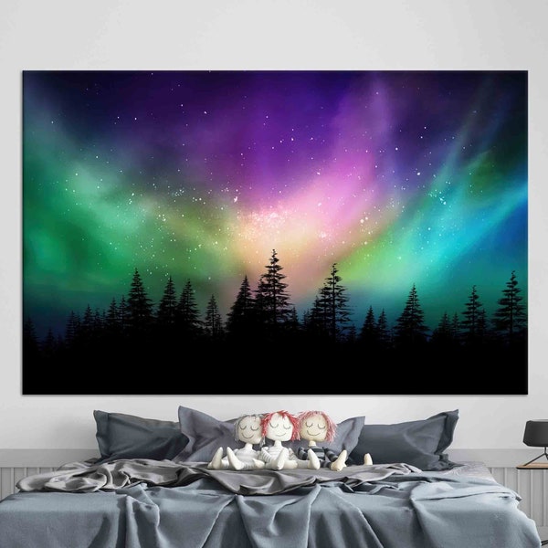 Forest Silhouette, Personalized Gifts, Northern Lights Aurora, Starry Sky, Home Decor, Aurora Borealis Canadian, Forest View, Wall Hangings,