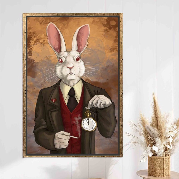 Personalized Gifts, Canvas Art, Canvas Decor, White Rabbit Canvas, Custom Wall Decor, Alice in Wonderland, Rabbit Holding a Clock, Wall Art
