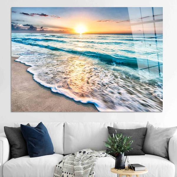 Home Decor, Wall Hangings, Stained Glass, Sunset at the Ocean, Tempered Wall Art, Tropical Wall Art, Canvas Art, Sea Landsdcape, Beach View,