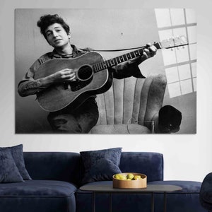 Famous Wall Hanging, Bob Dylan with Guitar Canvas Gift, Famous Poster, Bob Dylan Art Canvas, Baby Girl Gift Personalized Art Canvas,