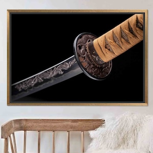 Samurai Sword Canvas Art: Katana Blade Ornament, Gold Frame