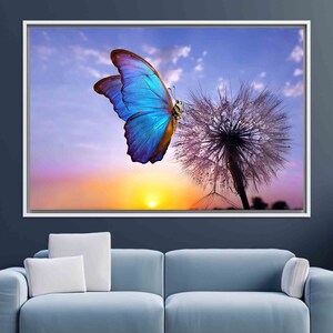 May include: A blue butterfly with brown markings lands on a white dandelion with dew drops against a sunset sky.