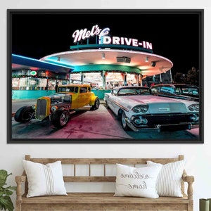 Mel’s Drive-In Retro Car Wall Art, Classic 50s American Diner Scene Canvas or Glass Print for Garage, Cafe or Vintage Auto Themed Decor