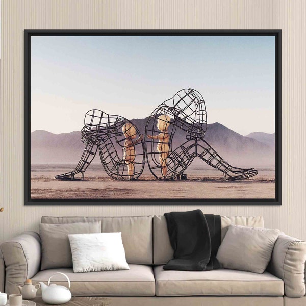 Two People Turning Their Backs On Each Other At Burning Man, Personalized Gifts, Black Framed Canvas, Wall Art, Tempered Glass Print,