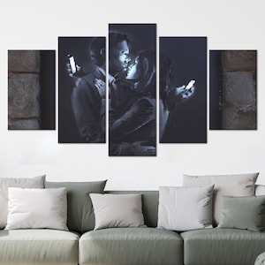 Banksy Couple Graffiti Canvas Art: Lovers with Phones, Tempered Glass Print