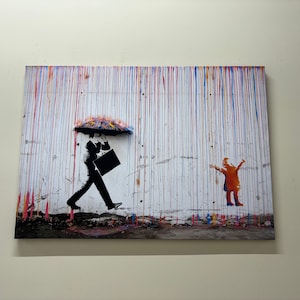 Personalized Gifts Wall Art Home Decor Banksy Colorful Rain Kids Umbrella Graffiti Street Art Large Framed Wall Art Canvas Kitchen Decor