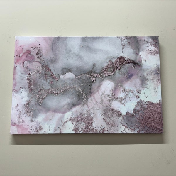 Shimmery Canvas Gift, Modern Glass Panel, Pink And Gray Marble Canvas Art, Alcohol Ink Glass Printing, Luxury Wall Art, Home Decor, Canvas,