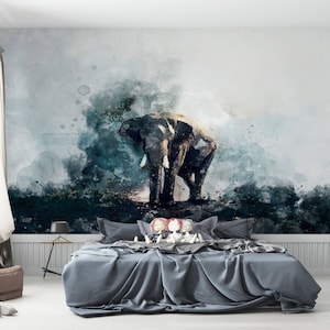 Murale da parete 3D, carta da parati tagliata a misura, arte della carta da parati con animali, regalo per lei, carta digitale per pittura con elefante ad acquerello, decalcomanie da muro con elefante,