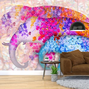 Wall Mural Wallpaper, Removable Wall Decor, 3D Wallpaper, Gift For The Home, Floral Three Elephants Mural, Modern Wall Poster,