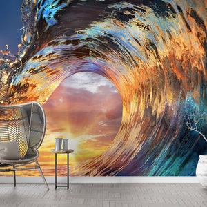 Sunset Wave Peel and Stick Wallpaper Mural: Textured Fabric