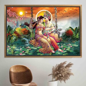 Personalized Gift, Canvas Art, Large Wall Art, Radha Krishna, Hindu Gift, Poster, Hindu Wall Decor, Gift for Him, Room Decor, Large Wall Art GOLD FRAMED CANVAS