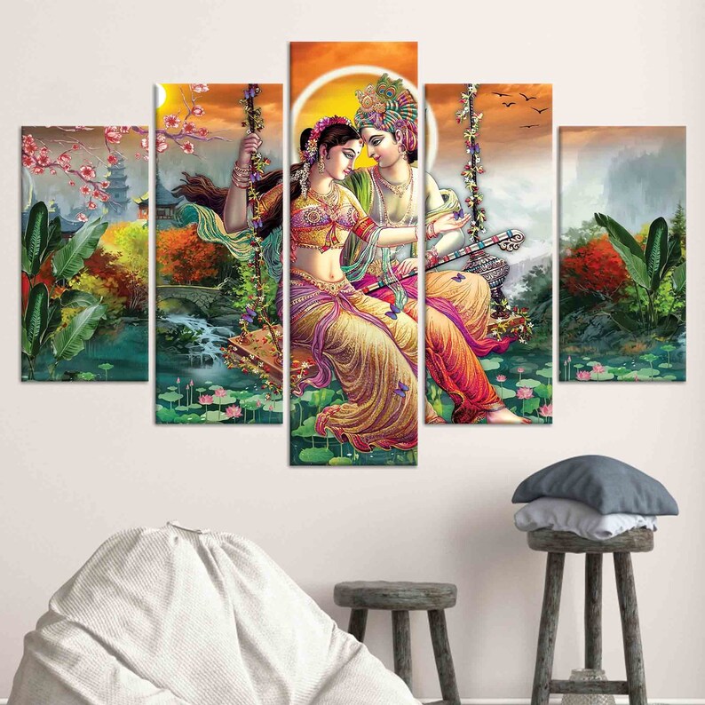 Personalized Gift, Canvas Art, Large Wall Art, Radha Krishna, Hindu Gift, Poster, Hindu Wall Decor, Gift for Him, Room Decor, Large Wall Art SET OF 5 MIX CANVAS