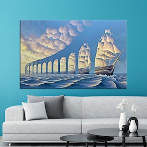 Surrealist Ship Canvas Art: Sky Bridge Tempered Glass Print