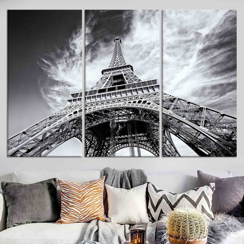 Eiffel Tower Canvas Wall Art: Paris Landscape, Glass Decor SET OF 3 CANVAS