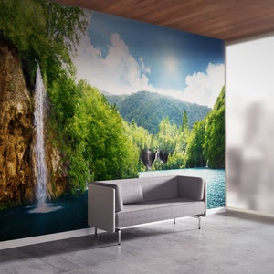 Carta da parati tagliata su misura, Murale da parete 3D, Regalo per la casa, Arte da parete con cascata nella foresta profonda, Adesivi murali con vista sull'albero, Carta da parati con paesaggio 3D,