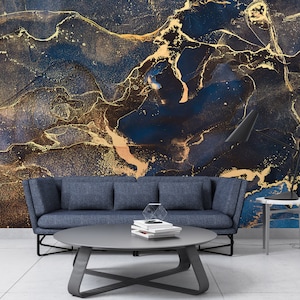 Rivestimento murale, Carta da parati elegante 3D, Carta da parati da incollare Art Deco, Regalo per lui, Carta da parati in marmo blu navy e oro, Carta da parati in marmo 3D,