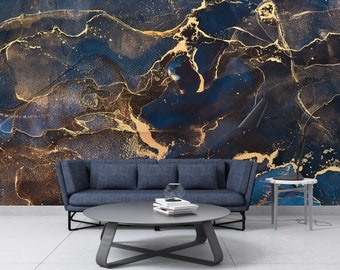 Wall Covering, Stylish 3D Wallpaper, Stick On Wallpaper Art Deco, Gift For Him, Navy Blue And Gold Marble Wallpaper, 3D Marble Wallpaper,