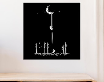 Astronaut maanklimmen canvas, minimalistische zwart-witte muurkunst, dromerige ruimteposter, surrealistisch scifi-decor voor slaapkamer of kantoor