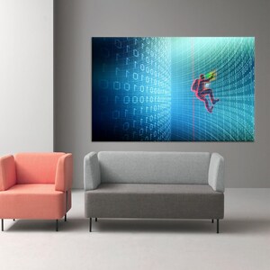 Può includere: Una stampa d'arte digitale che presenta una persona in un abito rosso che corre attraverso uno sfondo blu e verde con uno schema a griglia e codice binario. Lo sfondo è una rappresentazione digitale di uno schermo del computer.