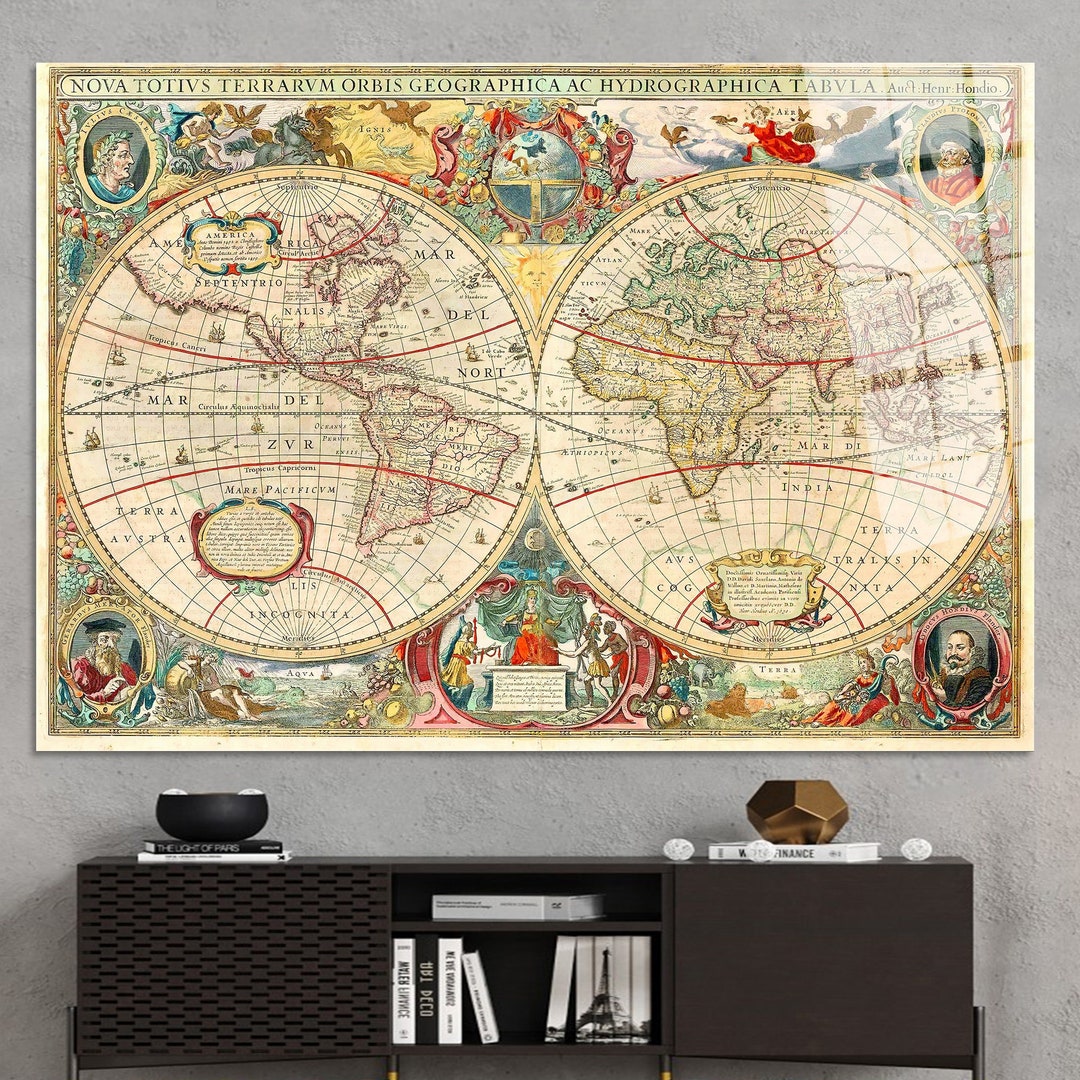 Vintage World Map Tempered Glass, Old Map Glass Art Wall Decor, Map