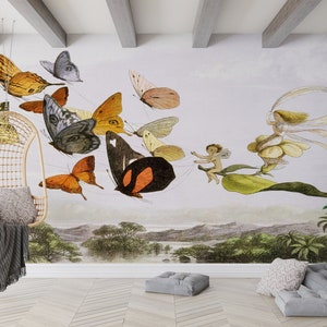 Wall Art Decor, Stick On Wallpaper Art Deco, Wall Decoration, Housewarming Gift, Richard Doyle Painting Wall Painting, Butterfly Wallpaper,