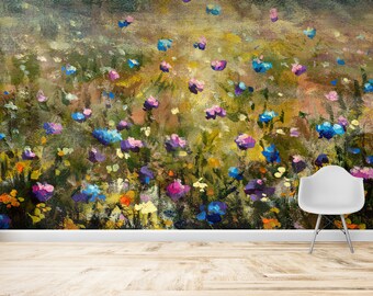 May include: A painting of a field of wildflowers in shades of blue, purple, and pink. The flowers are painted in a loose, impressionistic style, and the background is a soft, golden yellow.