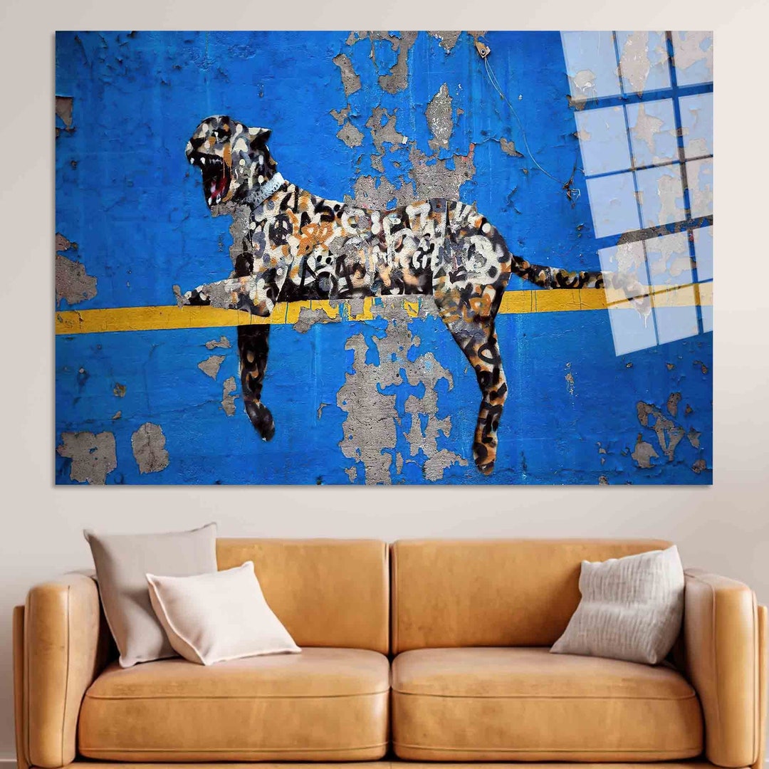 Graffiti Glass Wall Art, Banksy Leopard 3D Canvas, Leopard Poster