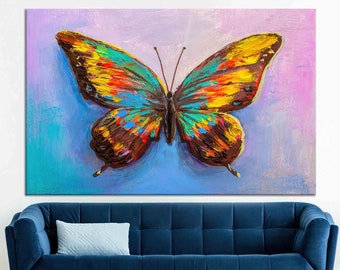 May include: A colorful butterfly painting with yellow, blue, green, red, and brown hues on a purple and blue background.