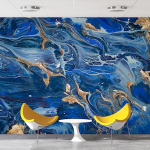 Patterns And How To, Wallpaper Panels, Art Deco Wallpaper, Gift For Him, Blue Marble Wall Art, Blue Wall Painting, Luxury Paper Art,