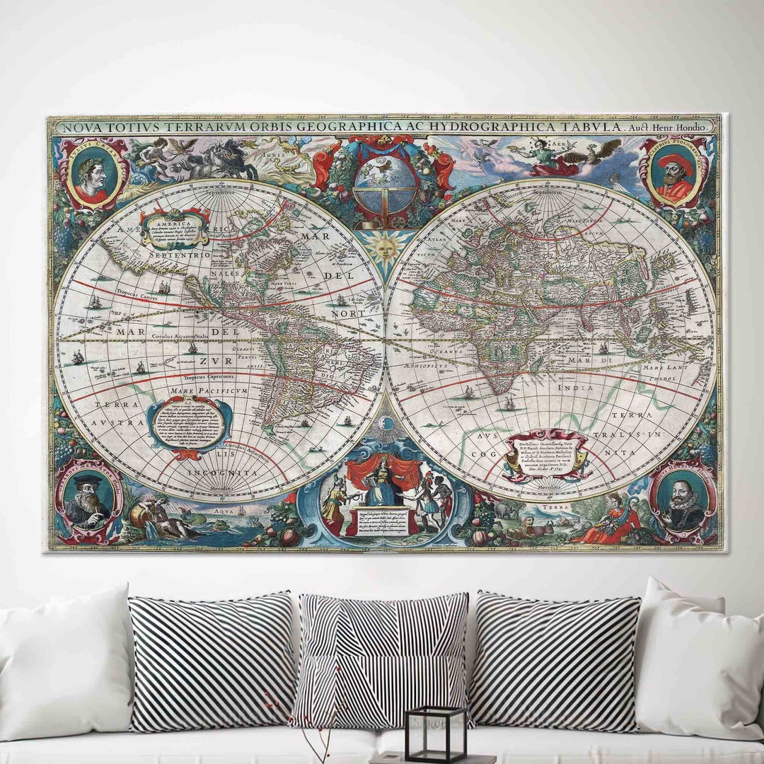 Vintage Map Glass Art Wall Decor, Map Canvas Poster, Old Map Poster