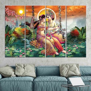 Personalized Gift, Canvas Art, Large Wall Art, Radha Krishna, Hindu Gift, Poster, Hindu Wall Decor, Gift for Him, Room Decor, Large Wall Art SET OF 4 CANVAS