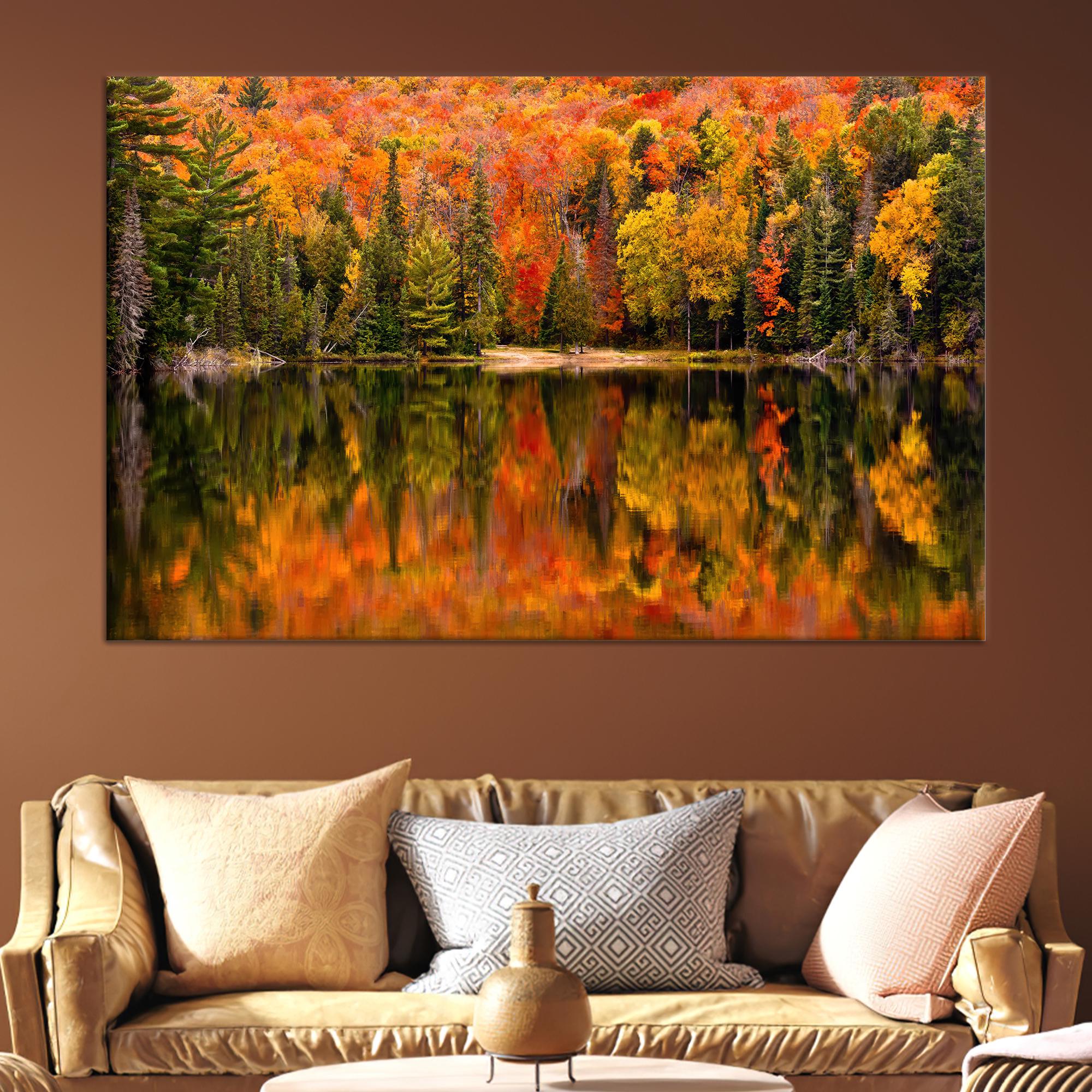 Autumn Forest Reflection Canvas Wall Art, Fall Landscape Lake Poster on ...