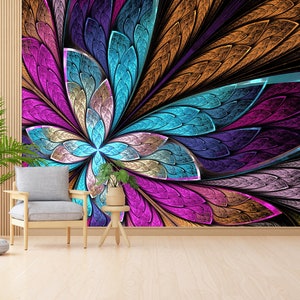 Rivestimento murale, Carta da parati staccabile e incollabile, Pannelli da parati, Regalo per lui, Bellissimo poster da parete con fiori o farfalle frattali, Murale moderno,