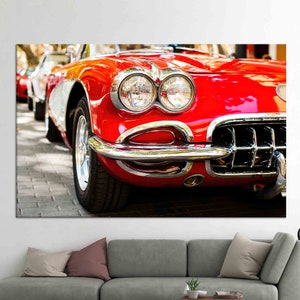 Classic Red Corvette Car Wall Art, Retro American Muscle Car Canvas or Glass Print for Garage Decor or Vintage Automobile Enthusiast Room