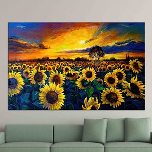 Sunflower Field Canvas, Farmhouse Wall Art, Colorful Sunflower Painting, Field Landscape Canvas, Nature Landscape View Canvas,