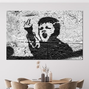 Banksy Boy Glass Decor, Middle Finger 3D Canvas, Banksy Bad Boy Glass Printing, Painting Canvas Gift, Street Large Canvas, Boy Room Wall Art