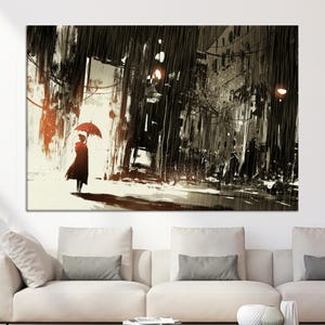 Poster Framed Canvas, Glass Wall Decor, Red Umbrella Art, Rainy Cityscape, Alone Woman Canvas, Abstract Street Scene, Night Urban Art,