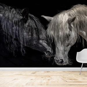 Modern Wallpaper, 3D Papercraft, 3D Wall Decor, Gift Wallpaper, Black And White Horse Wall Decals, Horse Lover Wall Art, Animal Mural,