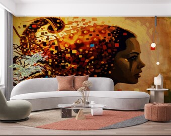 May include: A modern living room interior with a white sofa, a coffee table, and a round rug. The wall behind the sofa features a large abstract painting of a woman's face with a colorful geometric pattern.