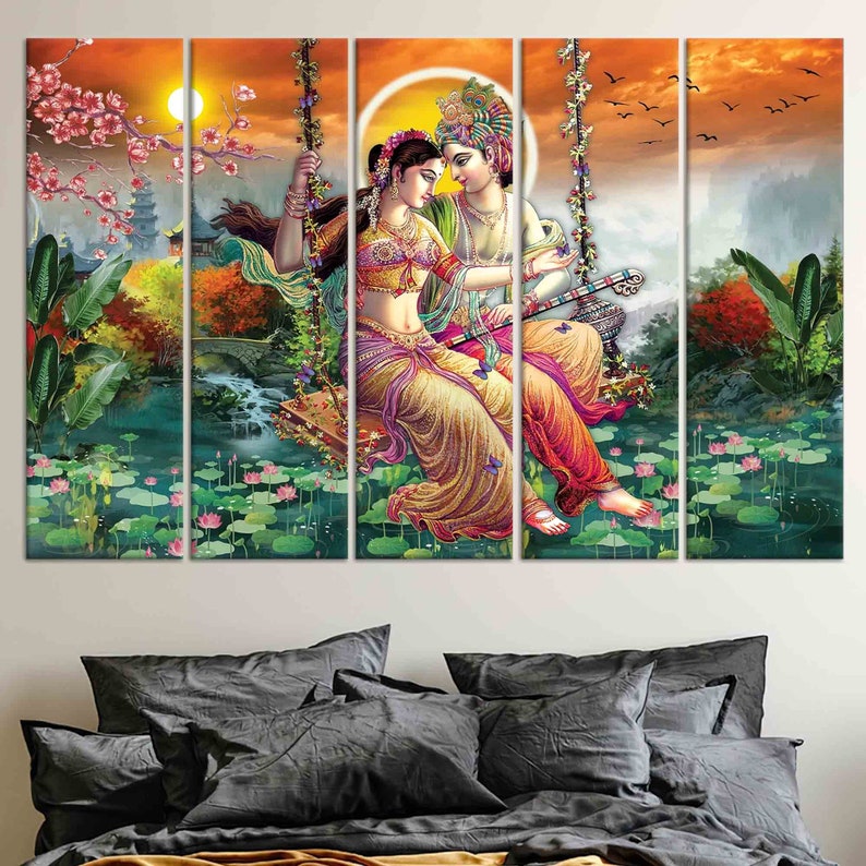 Personalized Gift, Canvas Art, Large Wall Art, Radha Krishna, Hindu Gift, Poster, Hindu Wall Decor, Gift for Him, Room Decor, Large Wall Art SET OF 5 CANVAS