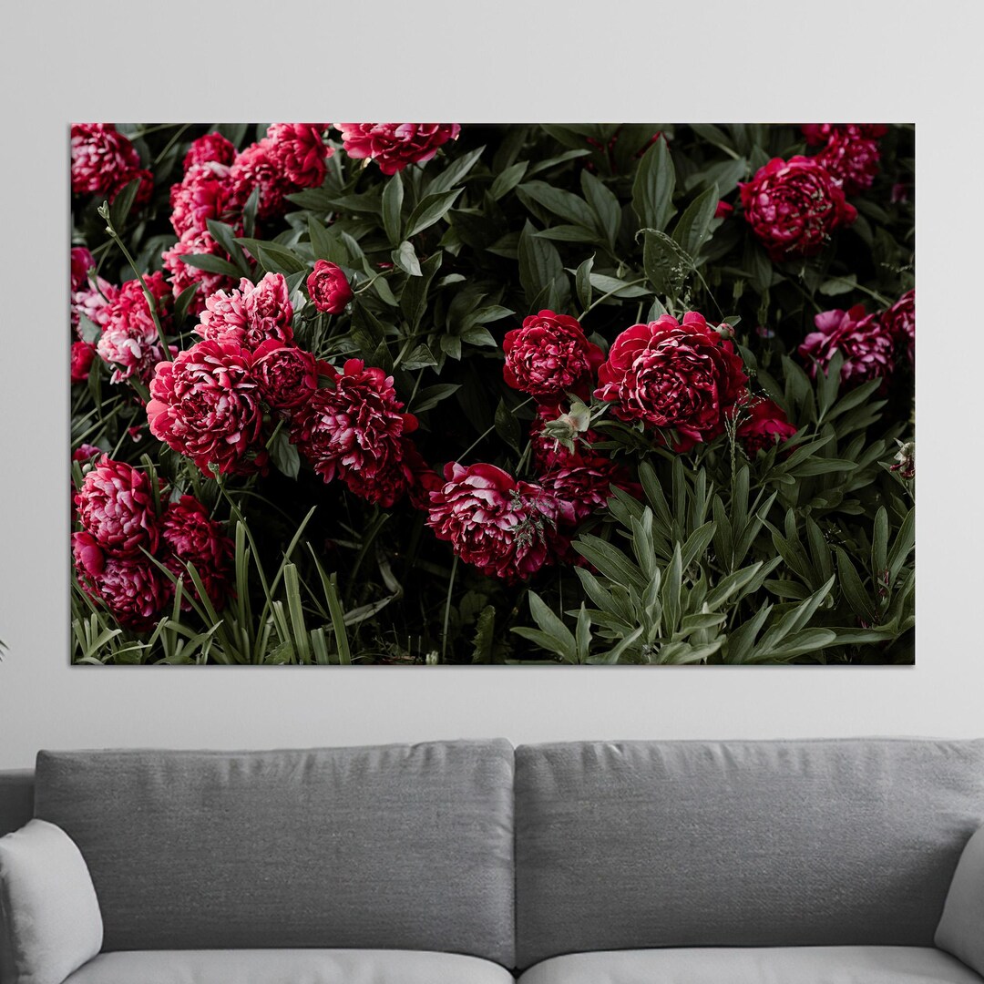 Glass Wall Decor, Peony Flower Art, Pink Floral Canvas, Green Wall ...