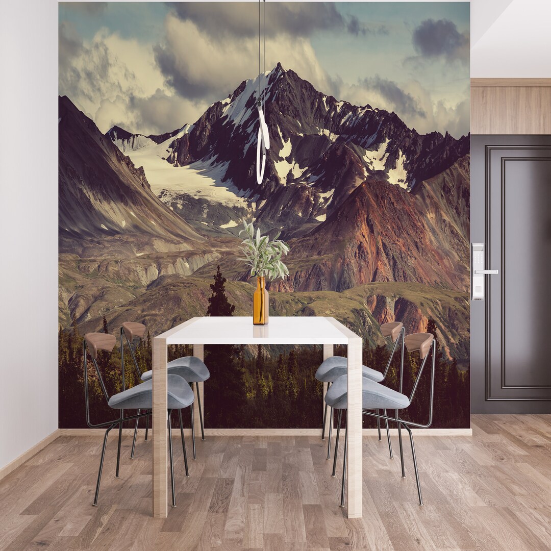 Snowy Mountain Landscape Wallpaper: Peel and Stick Wall Mural - Etsy